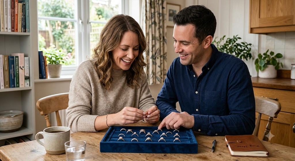 Couple reviewing ring options on a velvet tray at a kitchen table