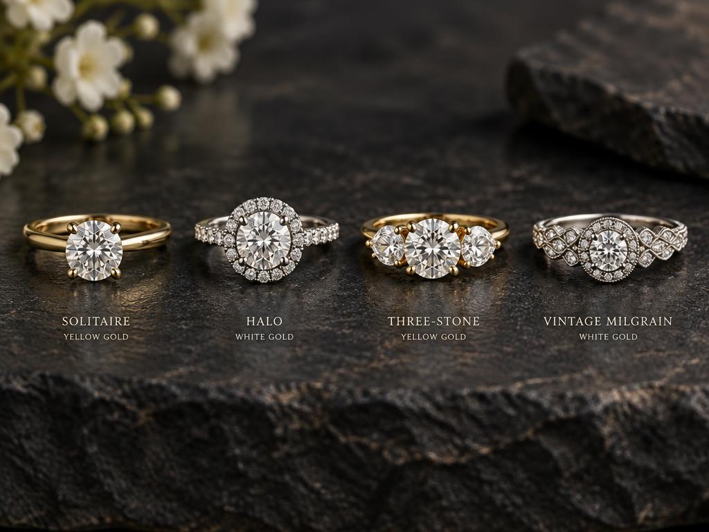 Solitaire, halo, three-stone and vintage milgrain engagement ring settings side by side