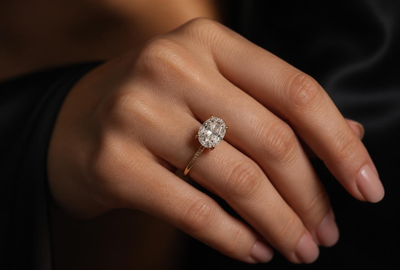 Hand wearing a yellow gold oval diamond engagement ring with a hidden halo detail
