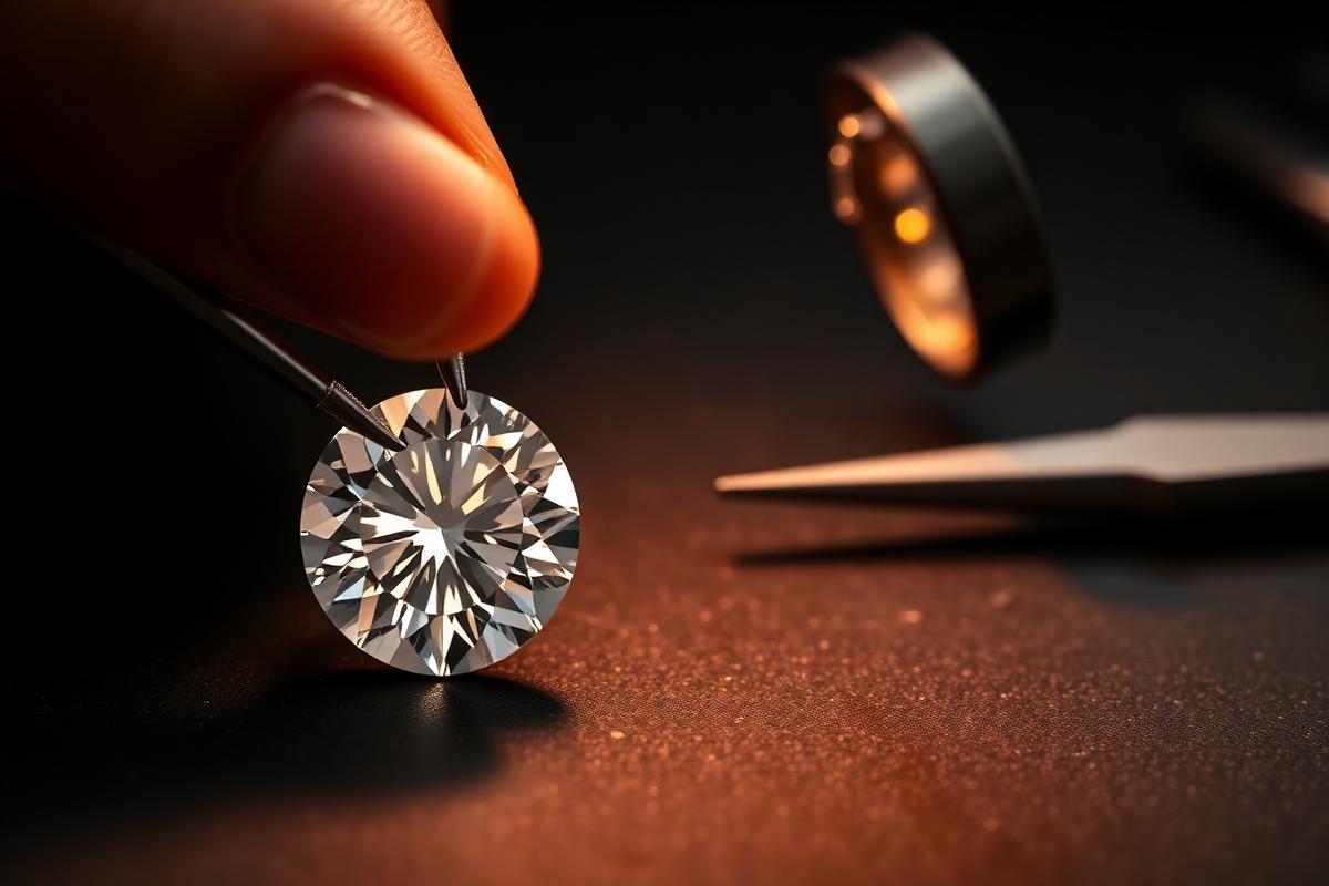 Jeweler inspecting a loose round brilliant diamond with tweezers to evaluate the 4Cs