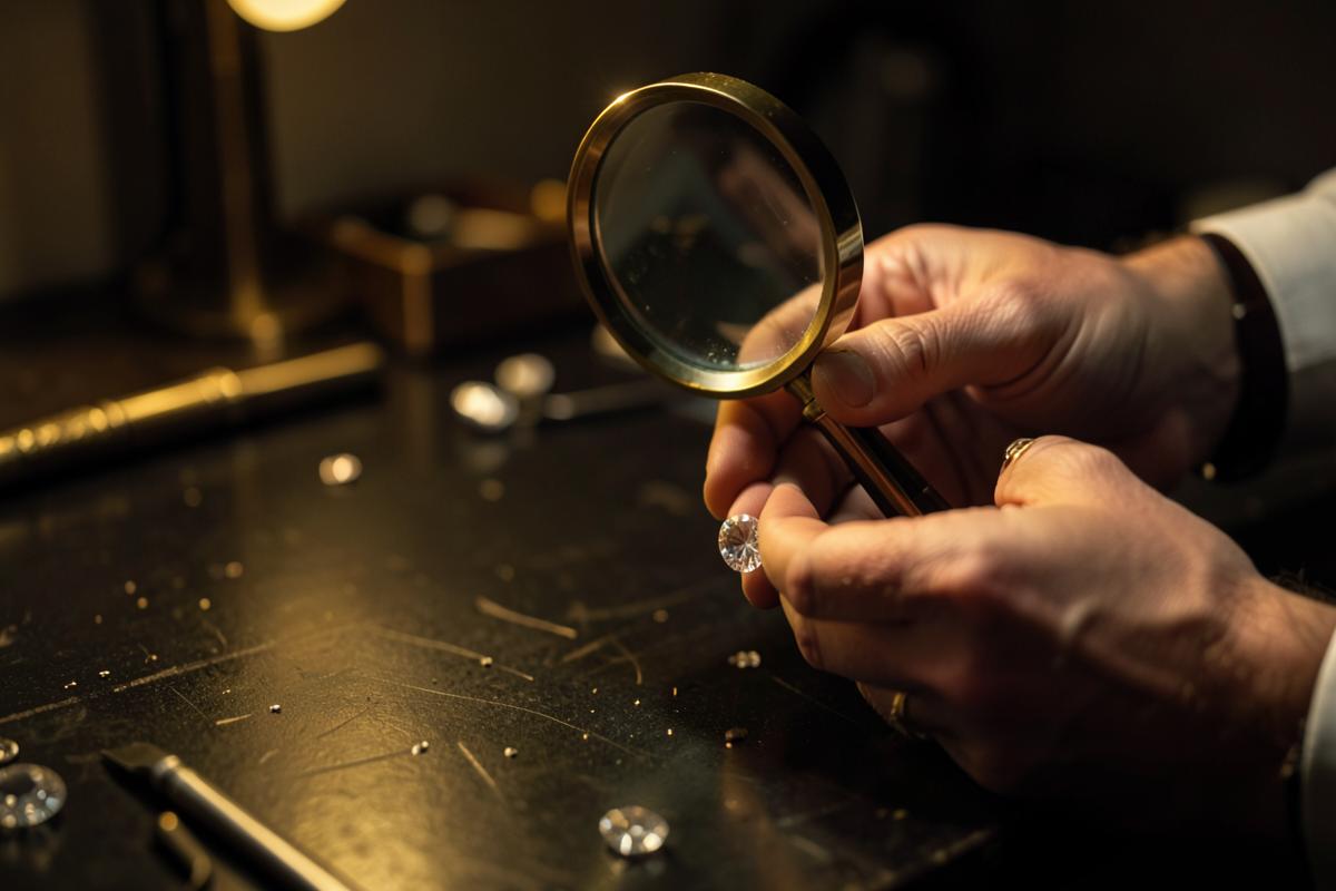 Jeweler examining a loose diamond through a loupe at a workbench while assessing cut and clarity