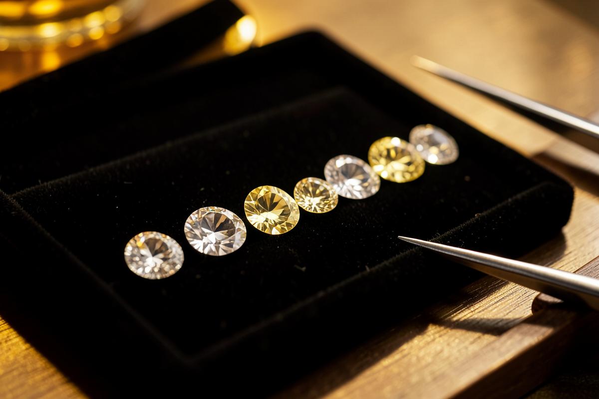 Row of loose diamonds ranging from colorless to faint yellow on a black tray, showing the diamond color grading scale