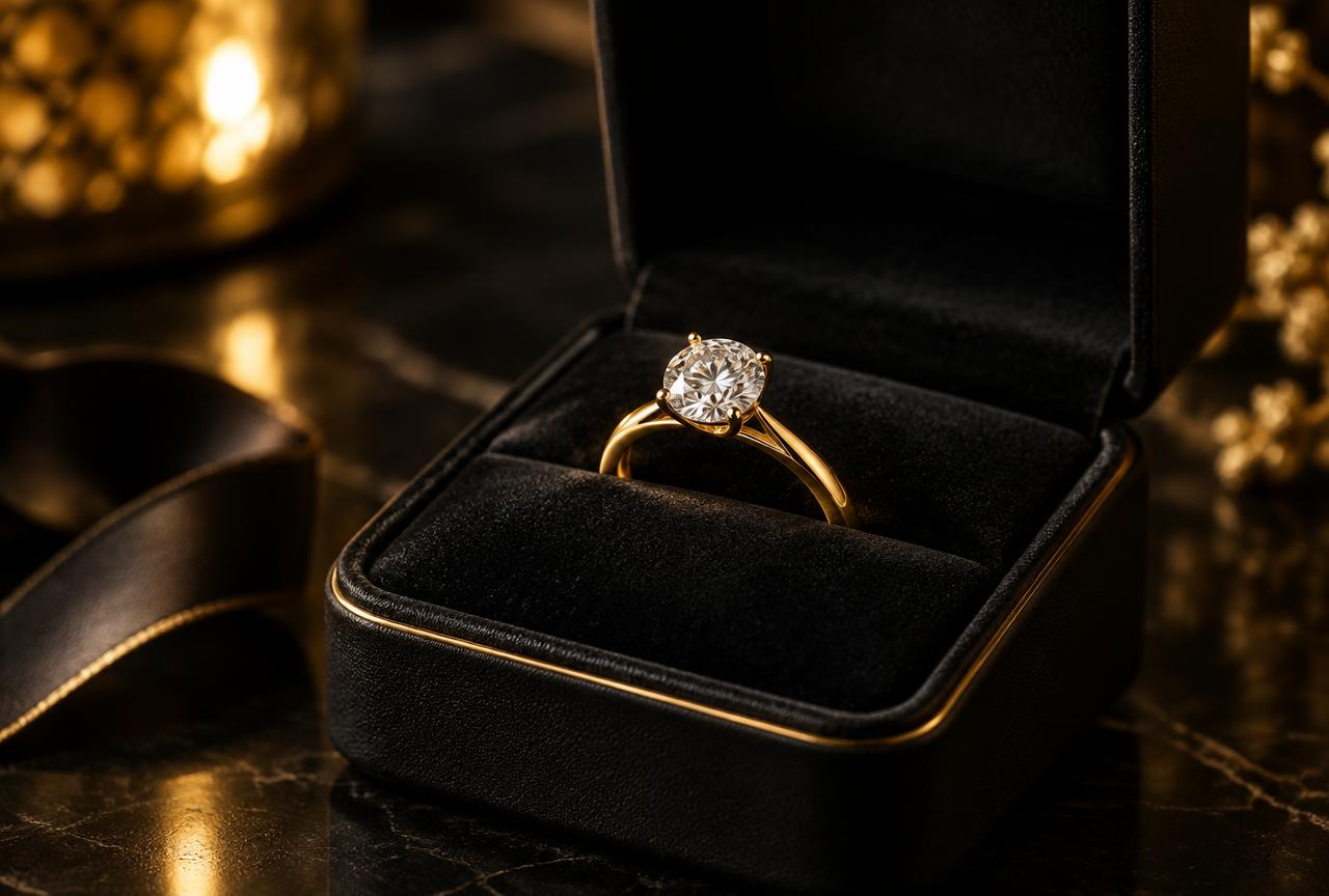 Diamond solitaire engagement ring in yellow gold in an open black ring box