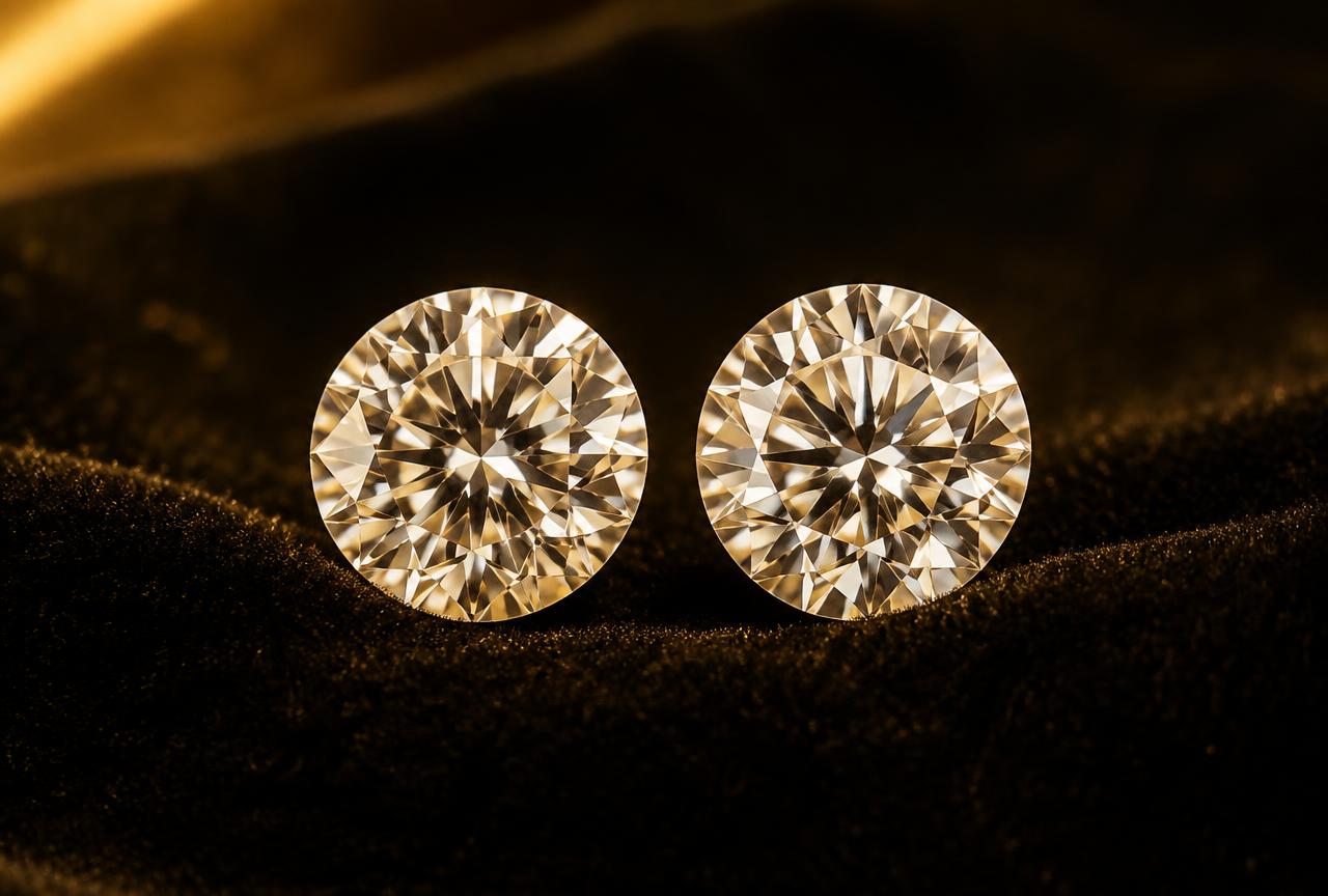 Lab grown and natural round brilliant diamonds side by side on black velvet