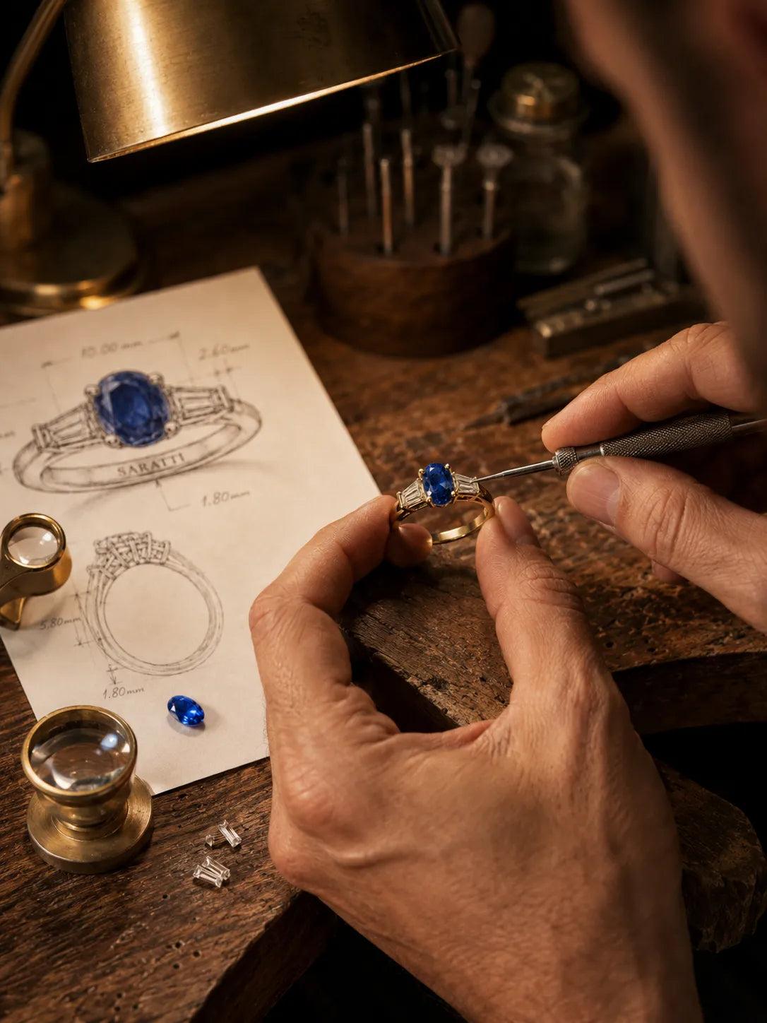 Jeweler handcrafting handmade rings in Central Valley with a gemstone in a jewelry workshop.