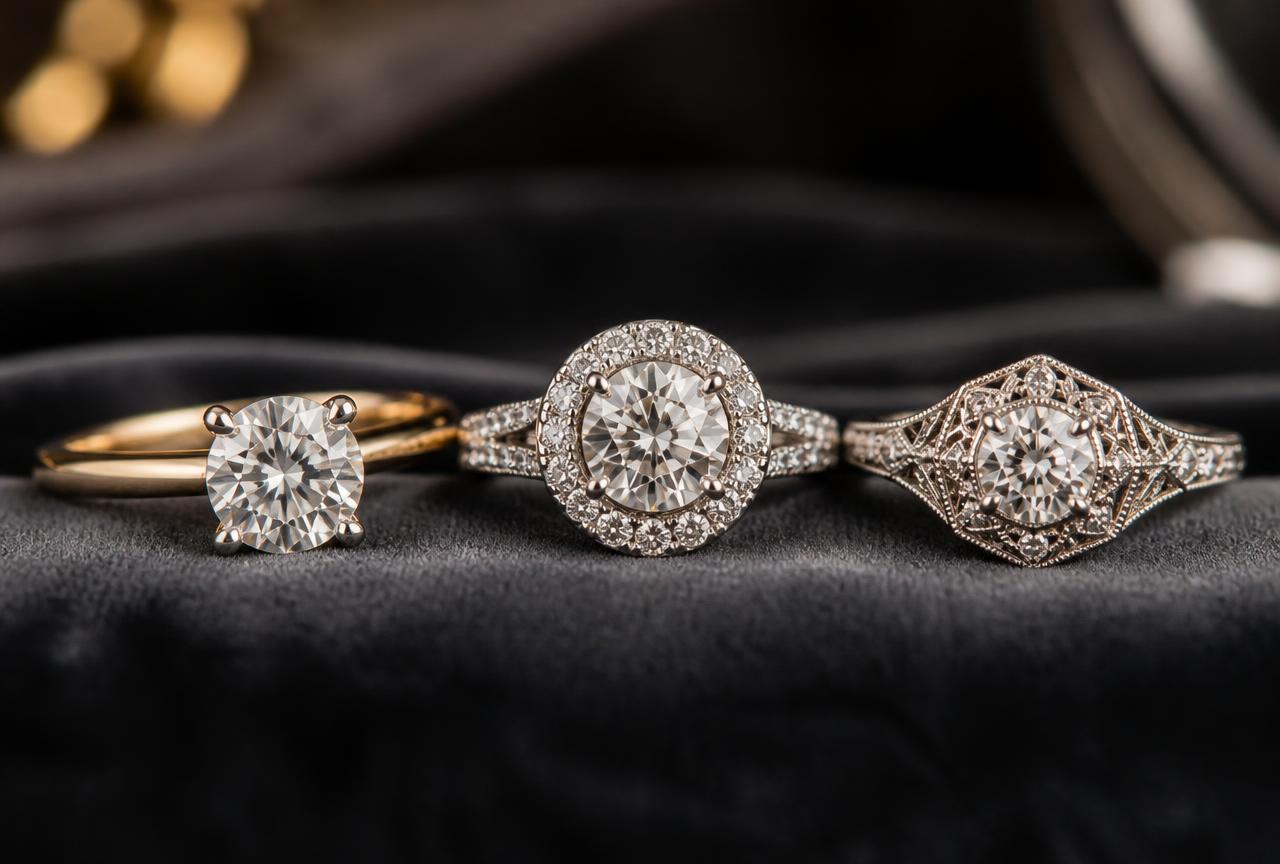 Solitaire, halo, and vintage filigree diamond engagement rings displayed side by side on dark velvet