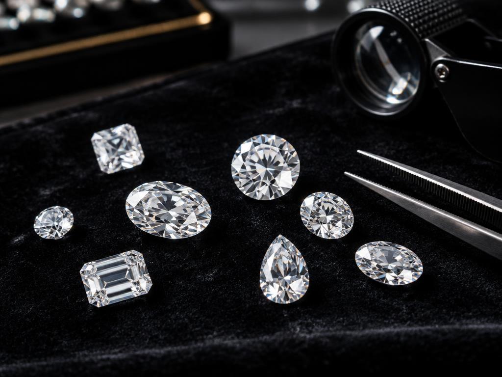 Loose round, oval, pear, princess and emerald cut diamonds on black velvet beside a jeweler's loupe