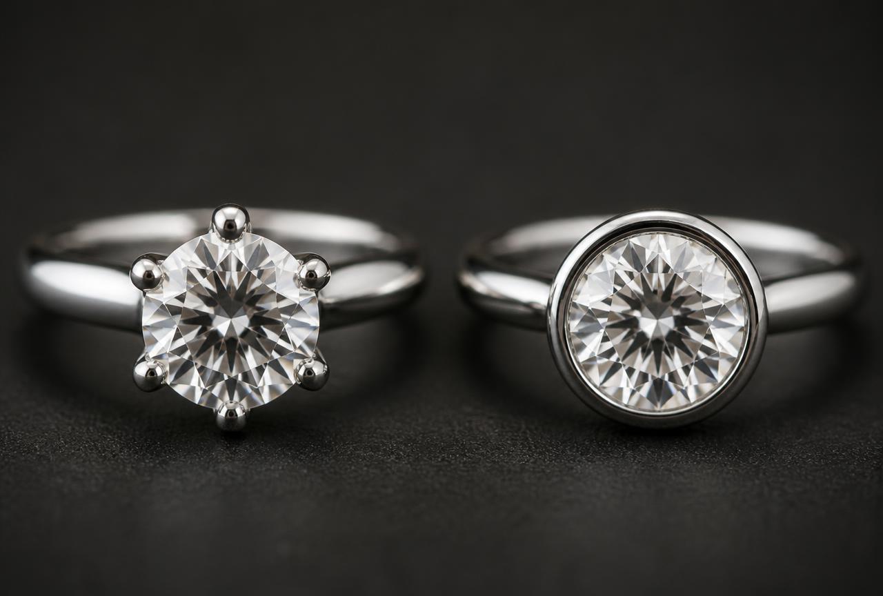 Prong-set diamond engagement ring next to a bezel-set diamond engagement ring for comparison