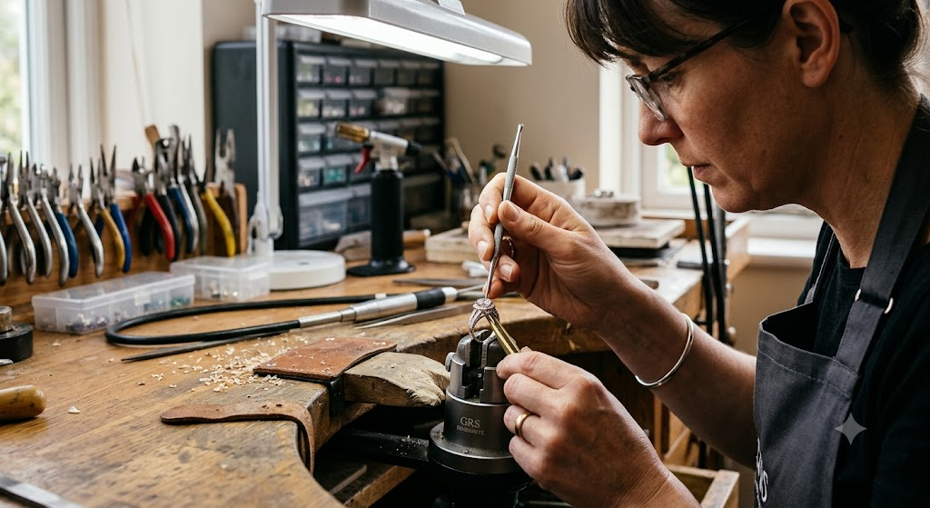 Jeweler's hands setting a diamond into a ring at a workbench