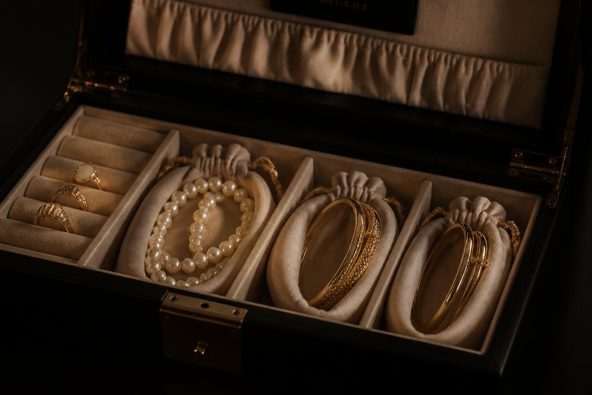 Lined jewellery box with separate compartments holding rings, a pearl necklace, and gold bracelets in soft pouches