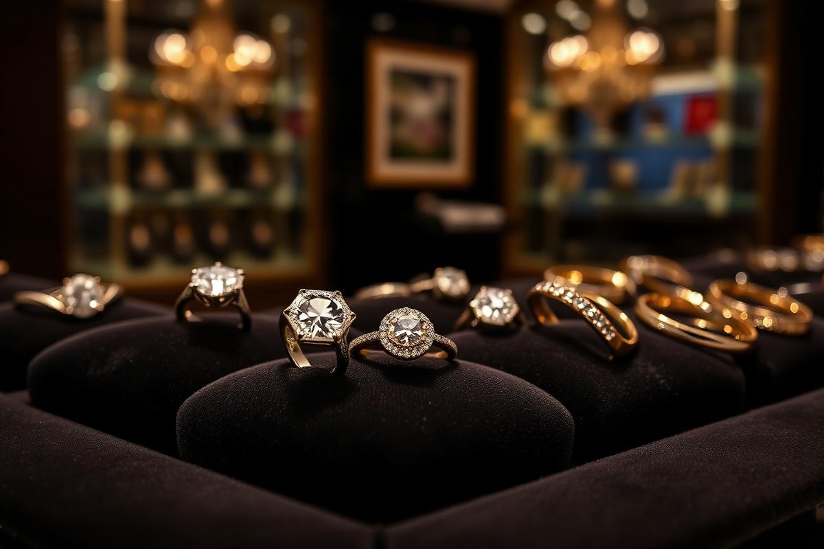 Fine jewelry rings and gold bands displayed on dark velvet in a Fresno jewelry boutique