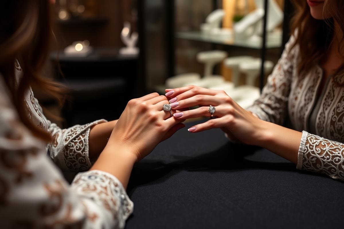 Private fine jewelry consultation with a customer trying on a diamond ring in the Central Valley