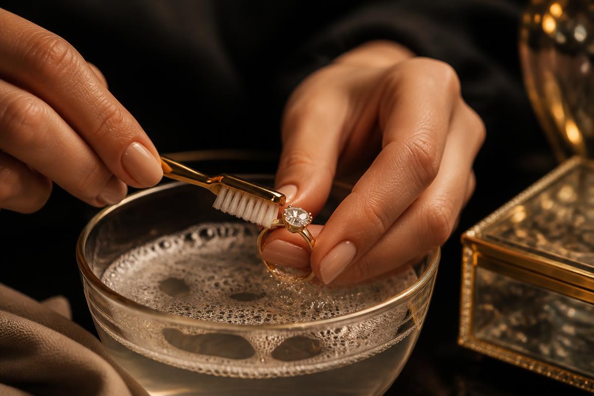 Hands cleaning a diamond engagement ring with a soft toothbrush in warm soapy water