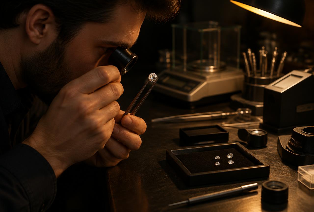 Jeweler examining a loose diamond with a loupe and tweezers to identify lab grown vs natural origin