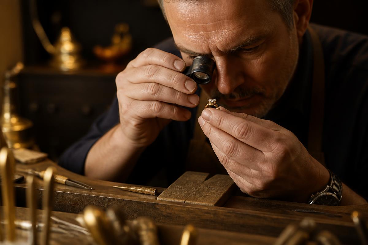 Jeweller inspecting the prongs of a diamond ring with a loupe at a workbench