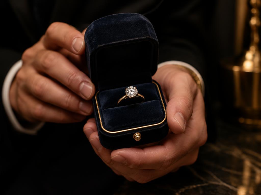 Man holding an open velvet box with a round solitaire diamond engagement ring