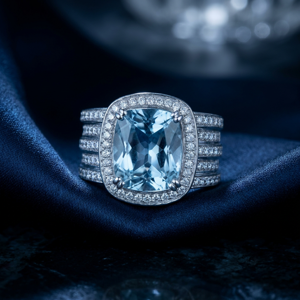 Aquamarine Halo Ring