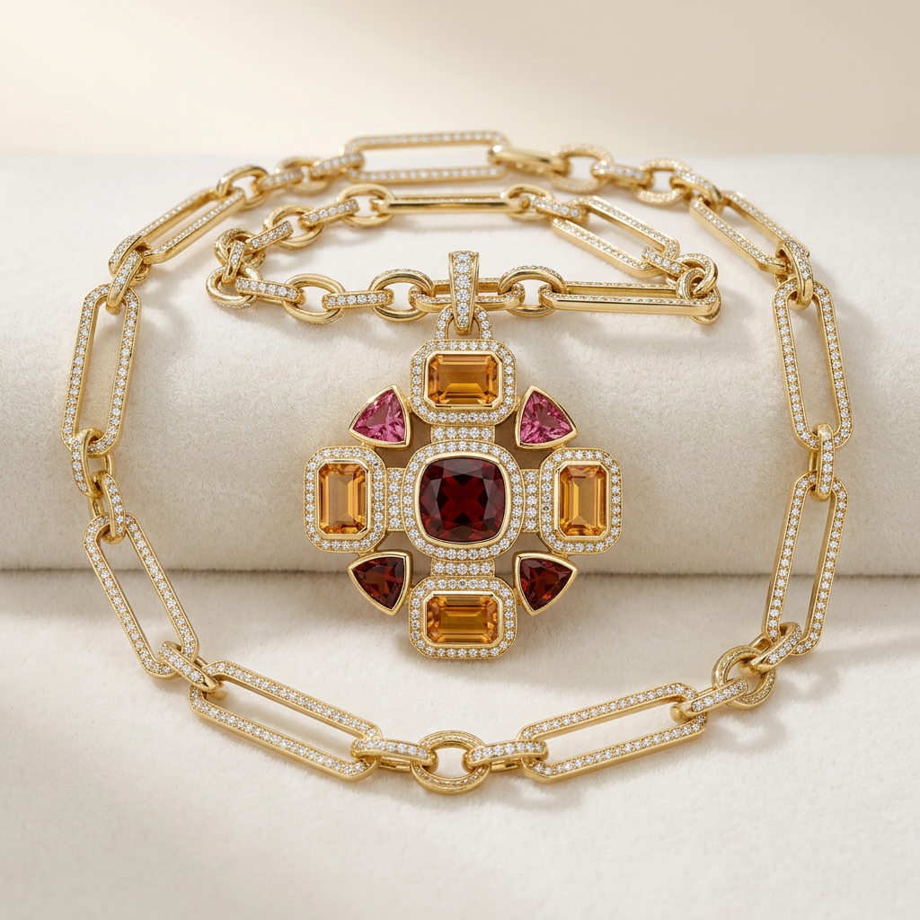 Garnet & Citrine Cross Pendant Necklace
