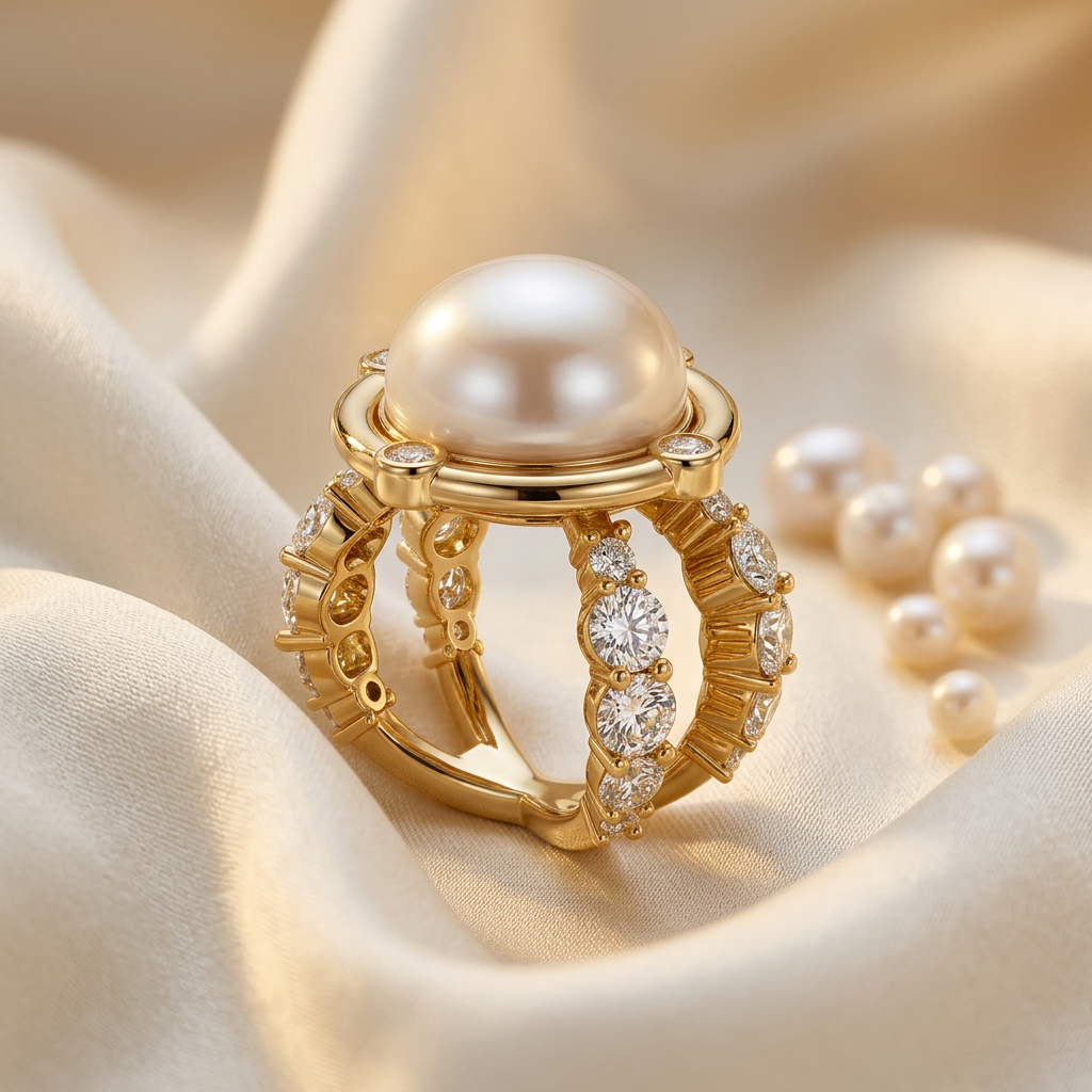 Pearl Diamond Cage Ring